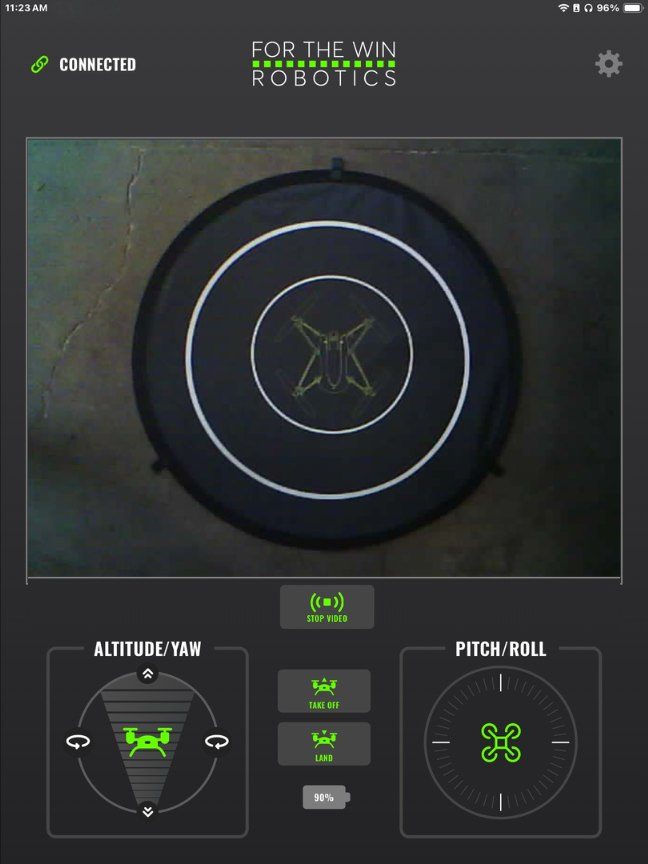 FTW Fly running on an iPad with the camera feed and on screen controls