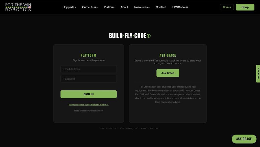 Build Fly Code sign in page with Ask Grace beside it