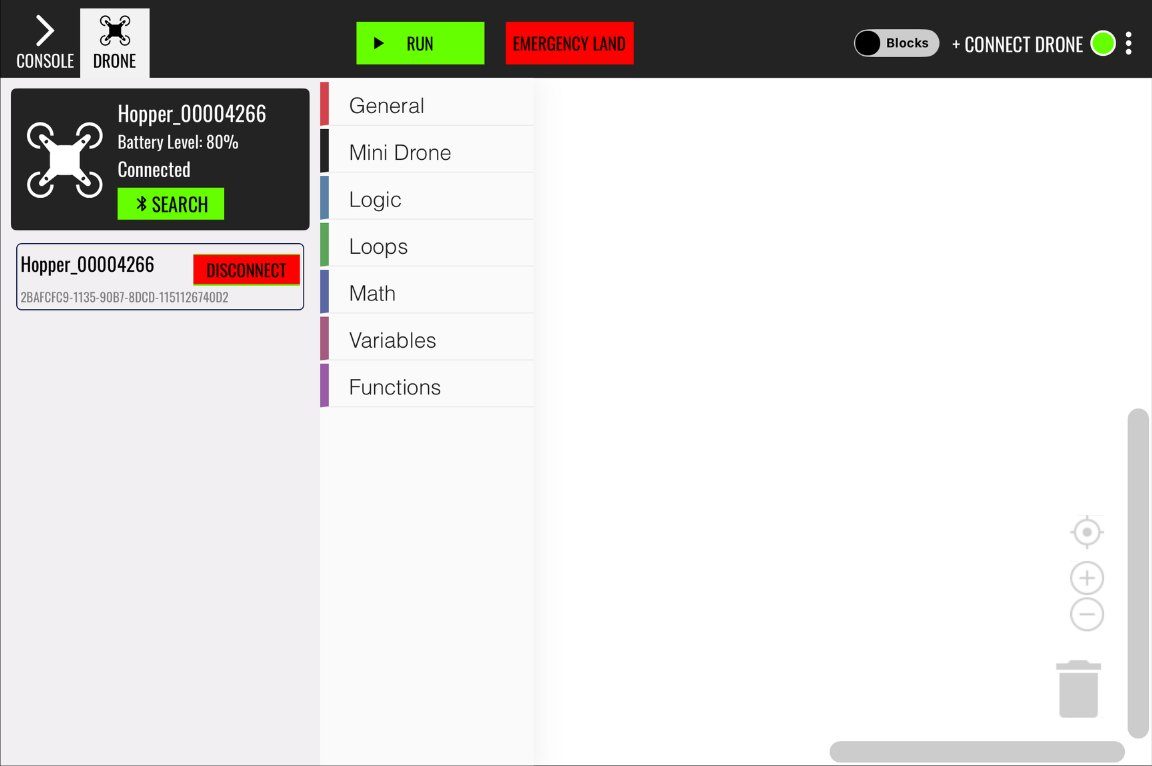FTW Code with a Hopper connected, showing battery level and a disconnect button