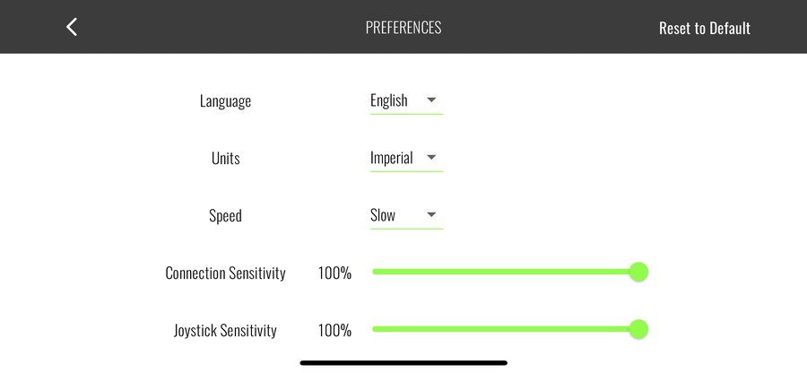 FTW Fly preferences screen with connection sensitivity slider